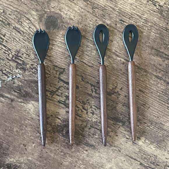 Vintage MCM Danish Teak Wood Handle Cocktail Sauce Relish Spoon Fork Set of 4 - Picture 2 of 6